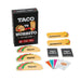 TACO vs BURITO The Card Game set displayed on a clean white background, including the black product box, two burrito-shaped cards, two taco-shaped cards, two dark card backs, and several colorful play cards.