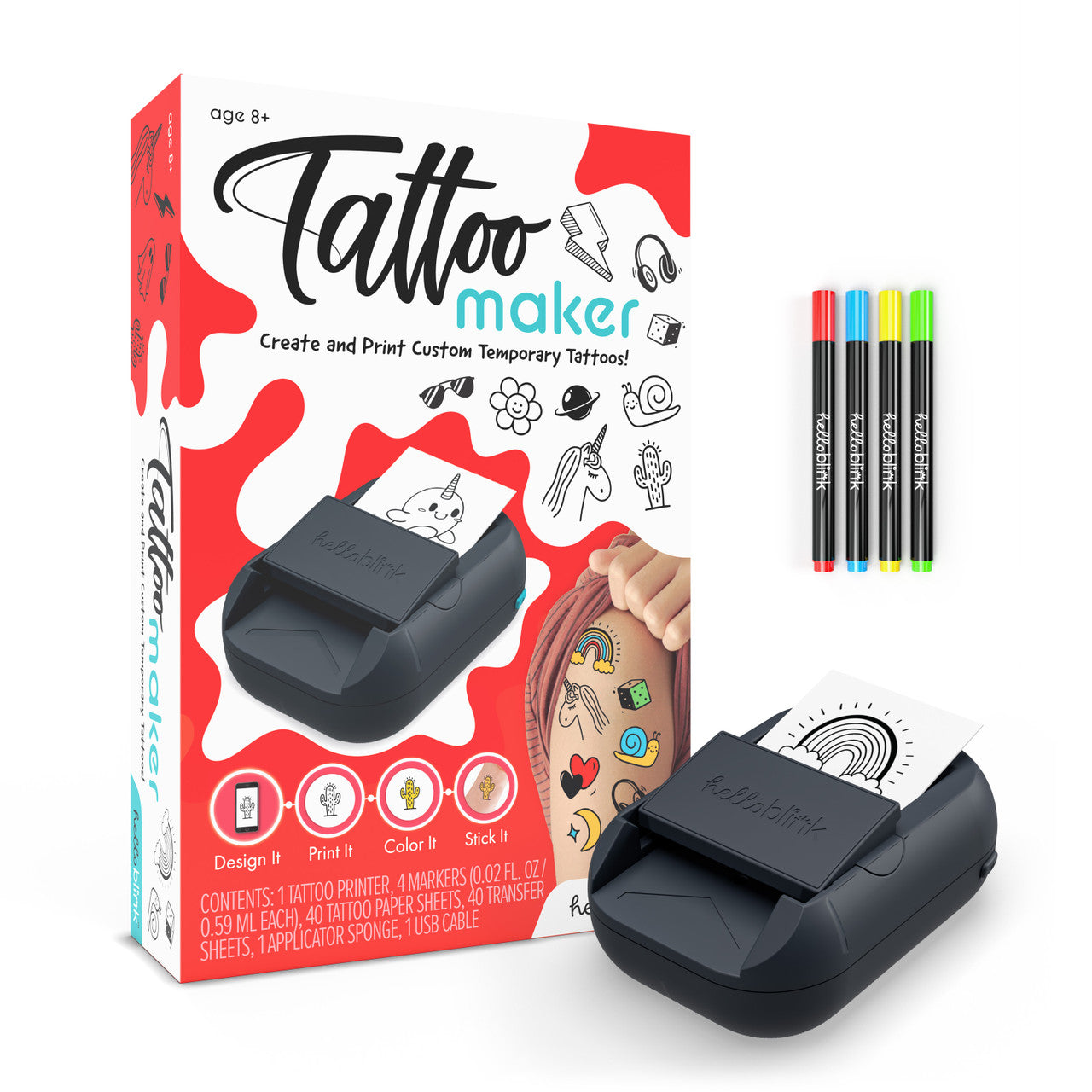 Tattoo maker kit shown with its retail box, a black tattoo stamping tool, and four colored tattoo ink markers on a white background.