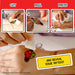 A close-up of a person peeling a red and yellow strawberry temporary tattoo from a skin patch with a white adhesive remover, accompanied by instructional panels showing how to cut, peel, and press the tattoo.