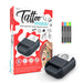 Tattoo maker kit shown with its retail box, a black tattoo stamping tool, and four colored tattoo ink markers on a white background.