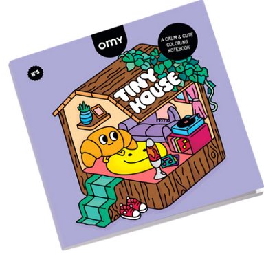 Coloring notebook with a cartoon design of a tiny house and a cat, branded 'omny'.