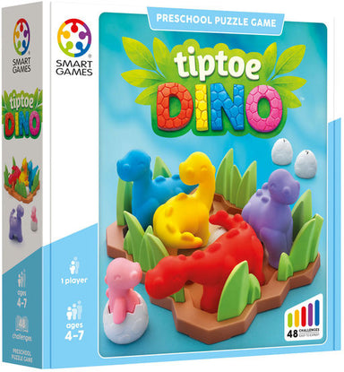 Tiptoe Dino preschool puzzle game packaging with colorful dinosaurs and Smart Games branding.