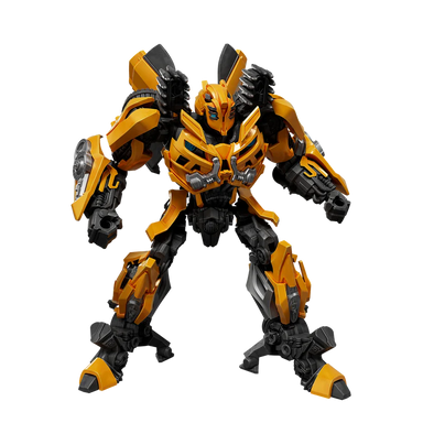 Yellow and black robot action figure on a white background