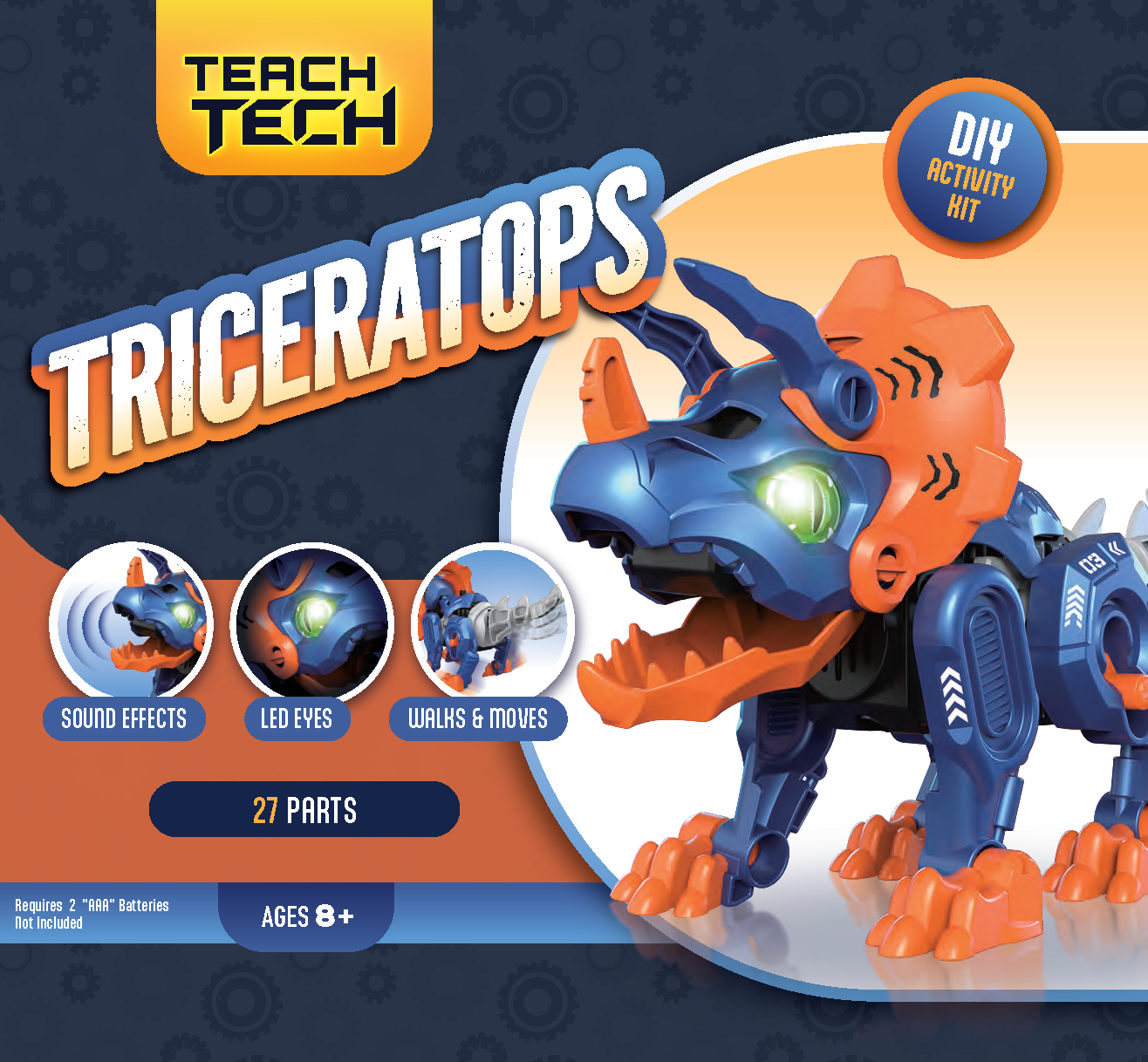 Toy Triceratops with features and branding on a dark blue background