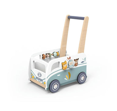A wooden toy push car walker with a light natural wood handle, decorated with a mint green and white retro van body, cartoon animal characters, and colorful beads in the back, shown on a clean white background.