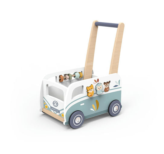 A wooden toy push car walker with a light natural wood handle, decorated with a mint green and white retro van body, cartoon animal characters, and colorful beads in the back, shown on a clean white background.