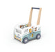 A wooden toy push car walker with a light natural wood handle, decorated with a mint green and white retro van body, cartoon animal characters, and colorful beads in the back, shown on a clean white background.