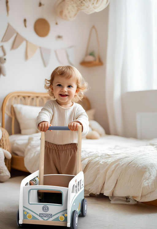 A toddler with blonde curly hair stands in a softly lit nursery, smiling while pushing a wooden toy bus with a blue handle. The room has cream bedding, a light wood headboard, and soft neutral decor.