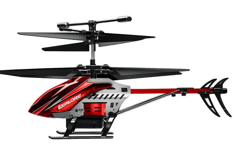 A red, white, and black remote control toy helicopter with 'EXPLORER' printed on the side, shown against a solid white background.