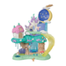 Colorful toy fairy house with various fairy characters on a white background