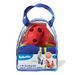 A Kidoozie 6 pin foam bowling set packaged in a blue and clear plastic bag with a red foam bowling ball and six blue and yellow foam pins.