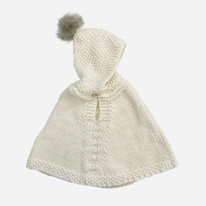 Knitted Cream Poncho with Hood (Infant 6-24 Months)