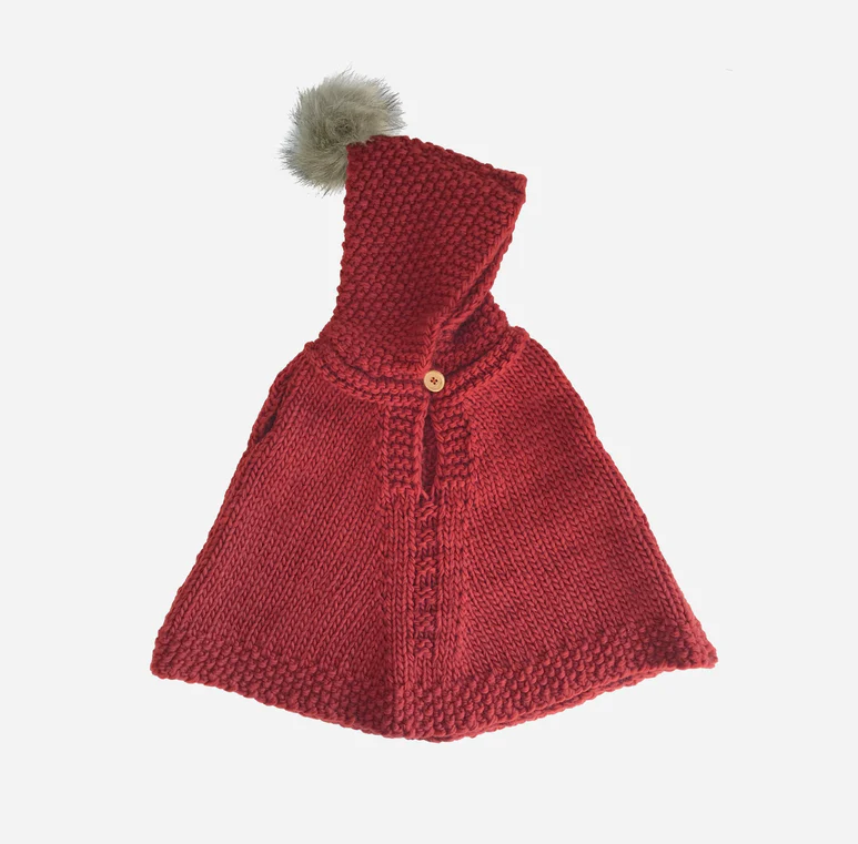 Knitted Red Poncho with Hood (Toddler 2-4 years)